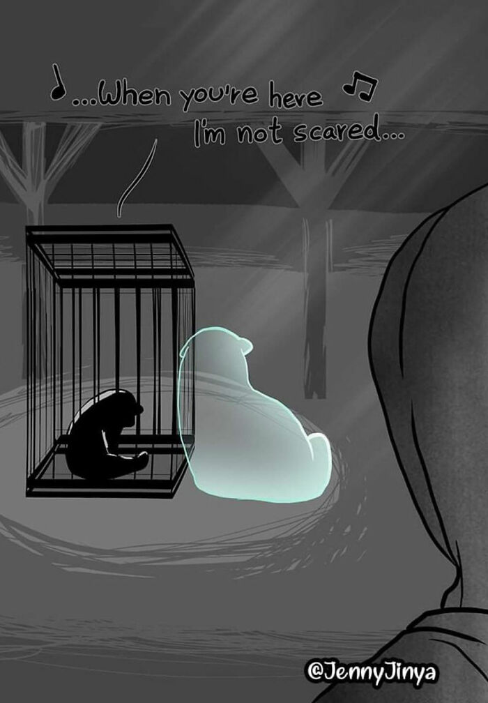 Emotional animal comic showing a caged dog with a comforting spirit beside it.