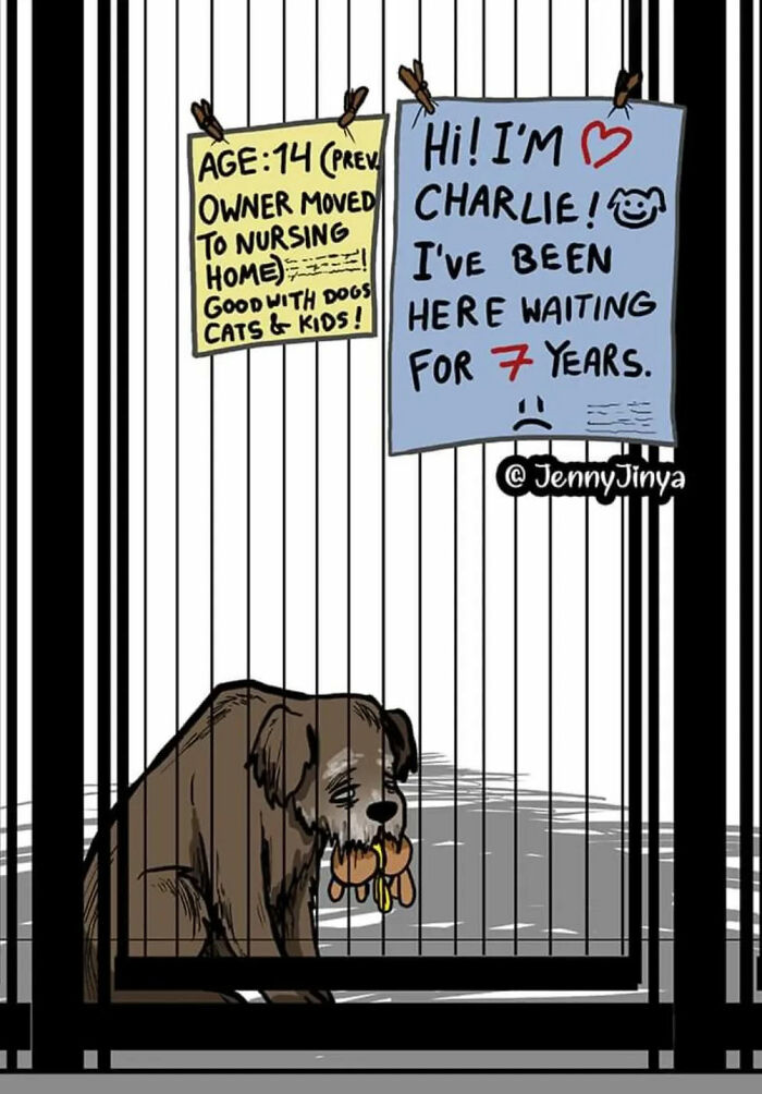 Emotional animal comic of an older dog named Charlie in a cage, waiting for adoption for seven years.