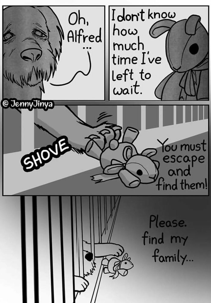 Emotional animal comic about a dog instructing a toy to escape and find its family.