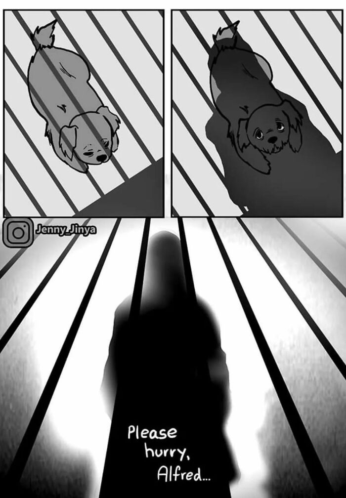 Emotional animal comic strip with a sad dog and a mysterious silhouette.