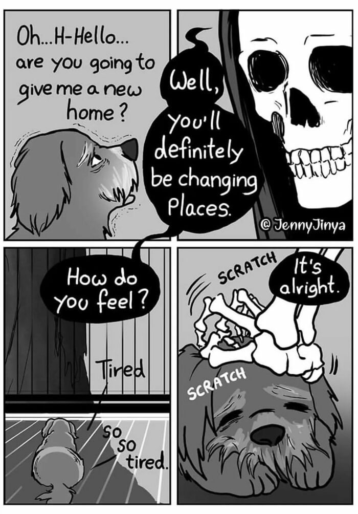 Emotional animal comic featuring a dog and a skeletal figure in a heartfelt interaction.