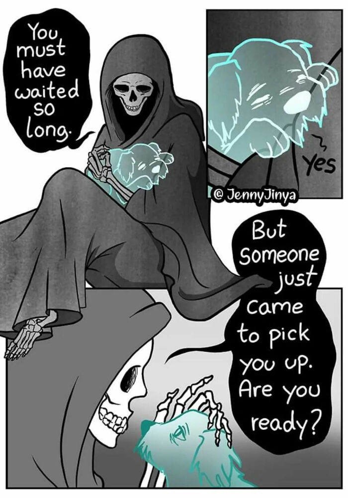 Emotional animal comic with a comforting skeleton and ethereal dog, conveying a touching scene.