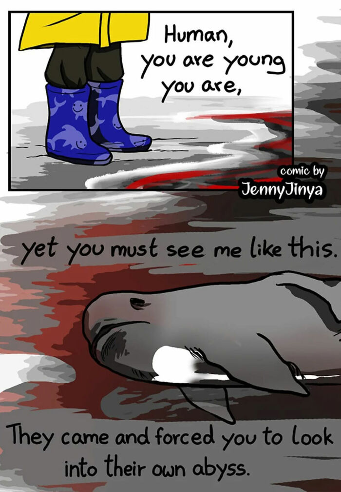 Emotional animal comic by Jenny Jinya featuring a poignant message from a whale to a human in rain boots.