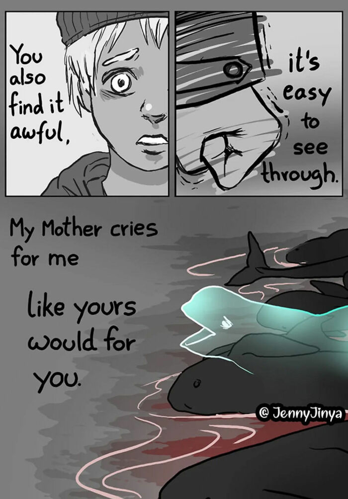 Emotional animal comic featuring a sad person and dolphins, highlighting empathy and understanding through visual storytelling.