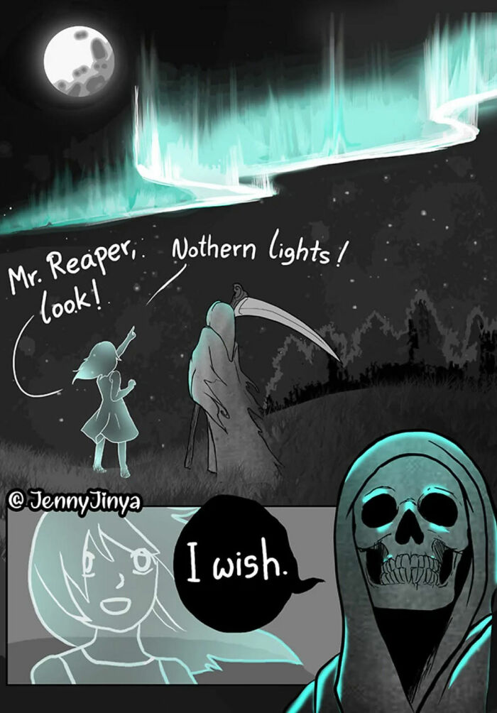 Emotional animal comic with a young girl and reaper watching northern lights, saying "I wish.