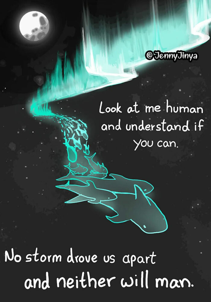 Emotional animal comic featuring glowing aquatic creatures under a moonlit sky with meaningful captions.