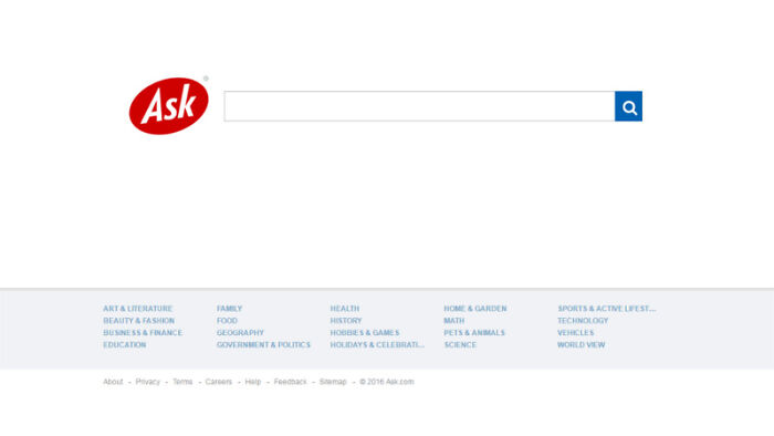 Search bar on Ask.com homepage, displaying categories such as history, health, and science below.