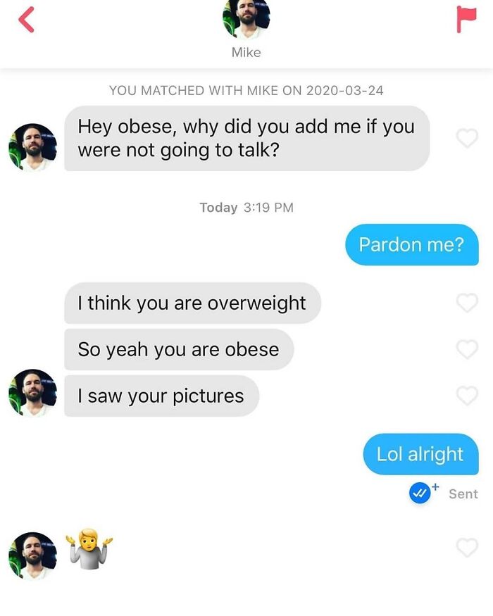 Tinder chat showing awkward and rude conversation about dating in your 30s.