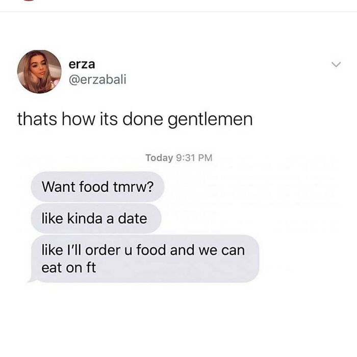 Dating meme highlighting modern communication on Tinder in your 30s, featuring a humorous food-related text exchange.