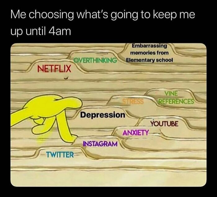 Introvert memes: A hand choosing between various distractions like Netflix, Instagram, and stress at 4am.