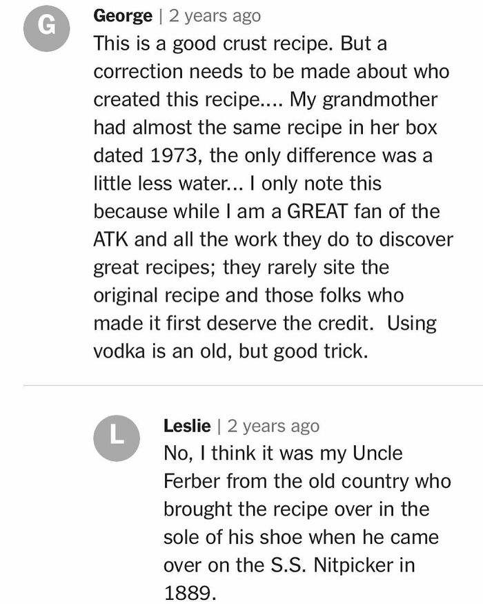 Comments on a crust recipe highlighting its history and originality, featuring unique ingredient tips and family stories.