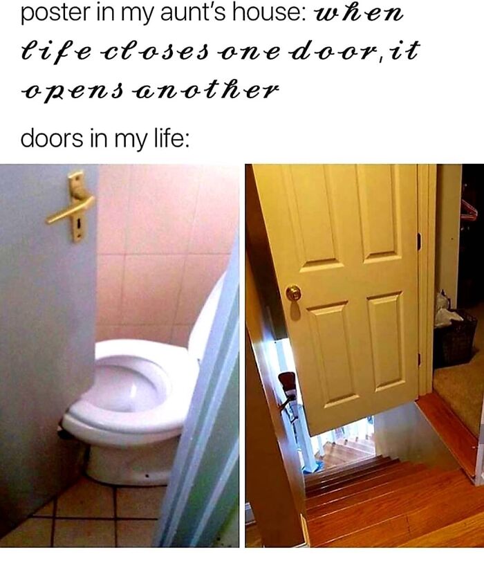 A humorous meme for introverts featuring two doors: one opens to a toilet, the other precariously over stairs.