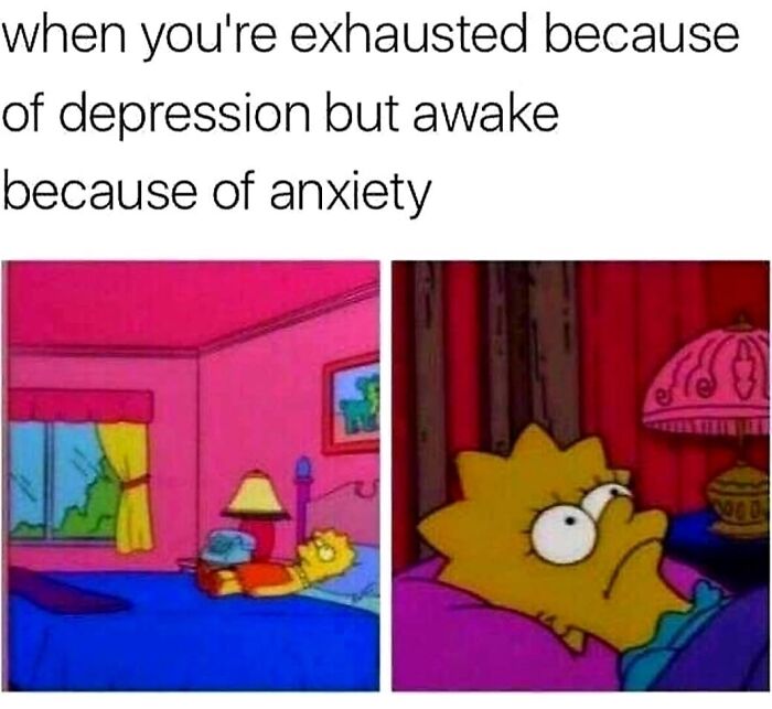 Introvert meme showing a character awake in bed, illustrating the struggle between depression and anxiety.