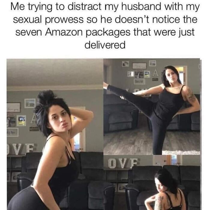 Woman posing in a living room, humorously attempting to distract from shopping packages.