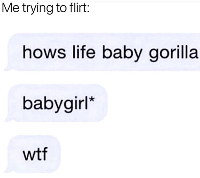 Text conversation meme showing introvert humor with a texting typo changing "babygirl" to "baby gorilla".