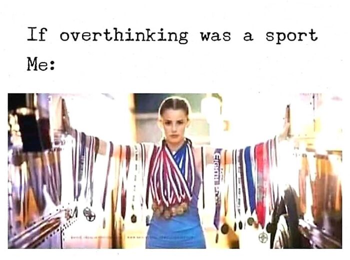 Young woman with many medals, symbolizing introvert humor about overthinking as a sport.