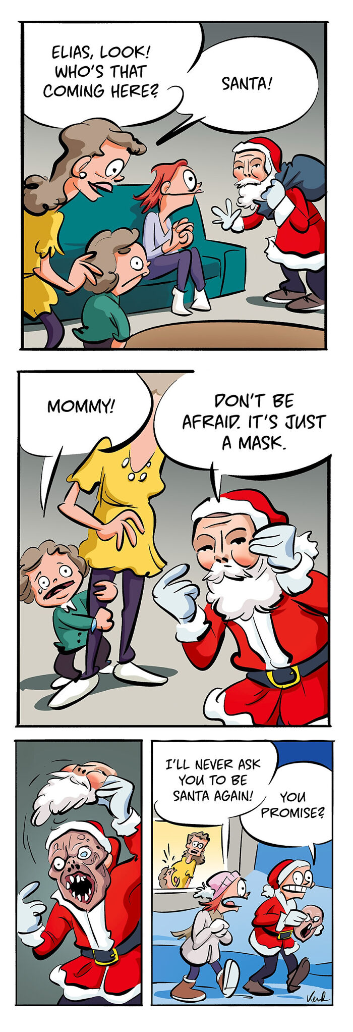 Cartoon depicting a chaotic interaction with Santa revealed as someone in a mask, generating surprise and humor.