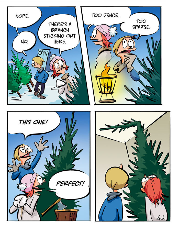 Comic strip of Kenneth and Martha humorously selecting a Christmas tree.