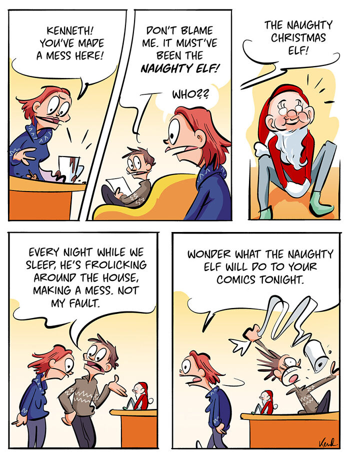 Cartoon strip with Kenneth and Martha discussing a mess made by a mischievous Christmas elf.