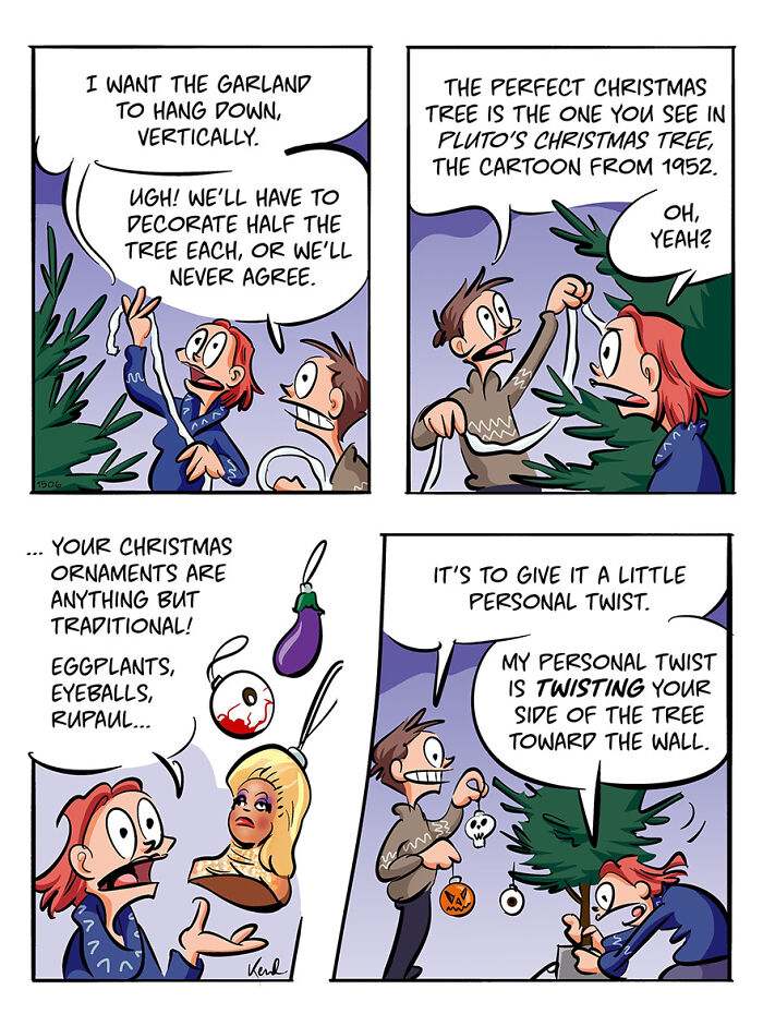 Cartoon of Kenneth and Martha comically debating Christmas tree decorations with quirky ornaments.