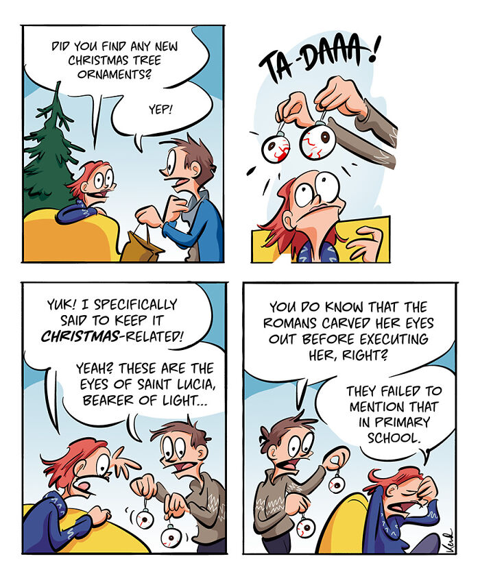 Comic strip of Kenneth showing Martha quirky Christmas ornaments resembling eyes, discussing Saint Lucia.