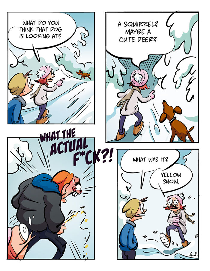 Comic strip featuring Kenneth Larsen and his best friend Martha humorously reacting to yellow snow.