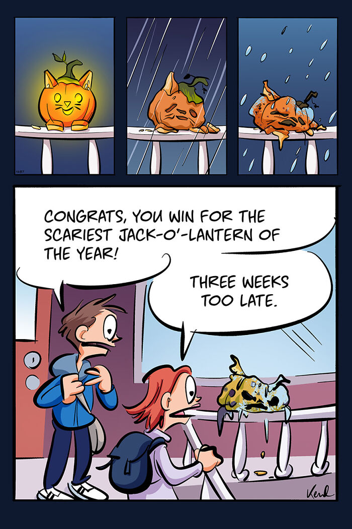 Cartoon of a decaying jack-o'-lantern on a railing with characters discussing its scary look.