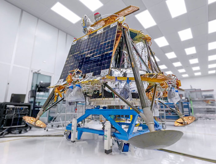 Robotic moon lander in NASA lab, part of the first commercial moon launch broadcast.