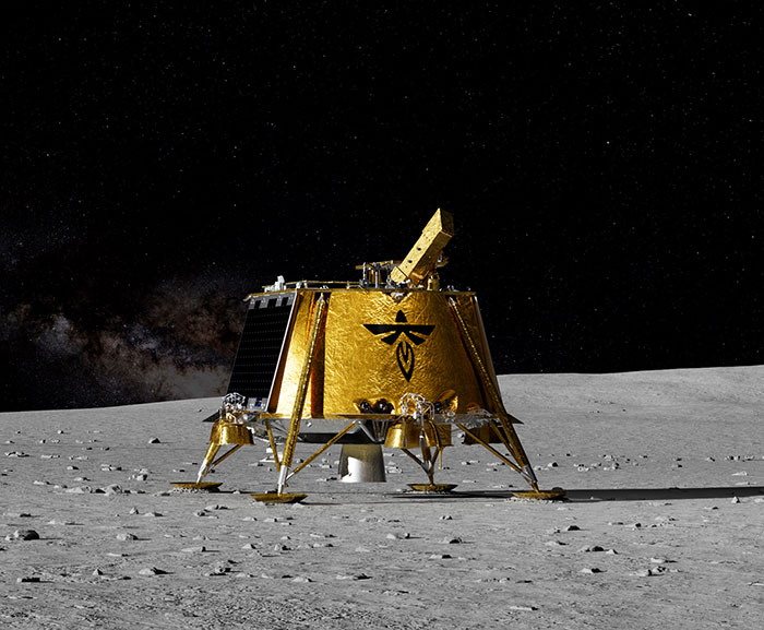 Golden commercial robotic moon lander on lunar surface during NASA broadcast.