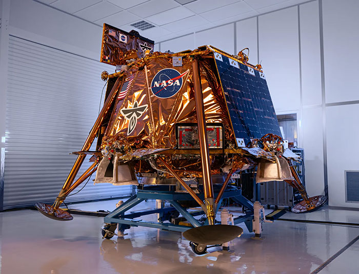 NASA's commercial robotic moon lander in a clean room before launch.