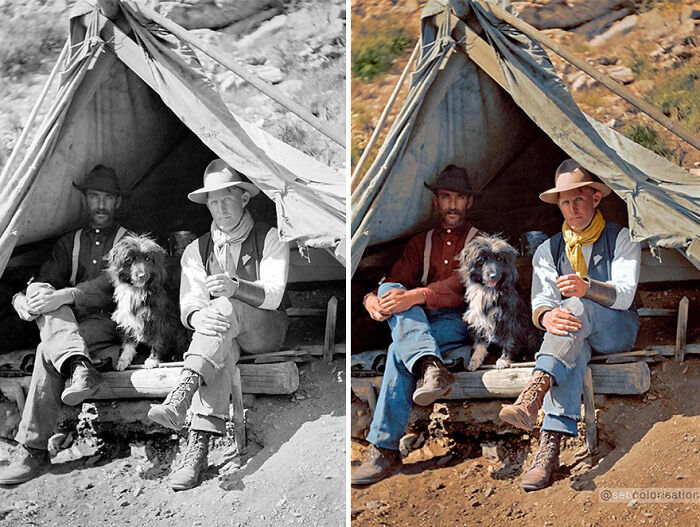 Colorized vintage photo by Sebastien De Oliveira showing two men with a dog outside a tent, highlighting historical transformation.