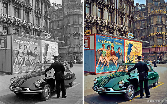 A vintage photo colorized by Sebastien De Oliveira, showing a man by a retro car in front of "Les Bonnes Femmes" posters.