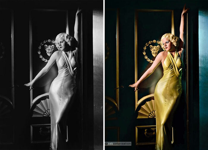 Colorized vintage photo of a woman in a glamorous dress, showing transformation in historical perception by Sebastien De Oliveira.