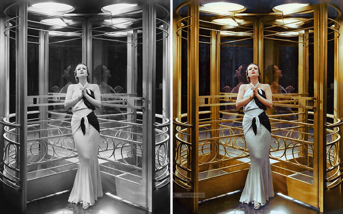 Colorized vintage photo by Sebastien de Oliveira of a woman in an elegant gown, standing in an art deco elevator.