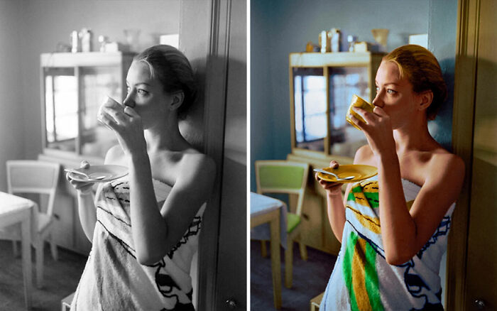 Colorized vintage photo by Sebastien De Oliveira showing a woman in a towel drinking from a cup.