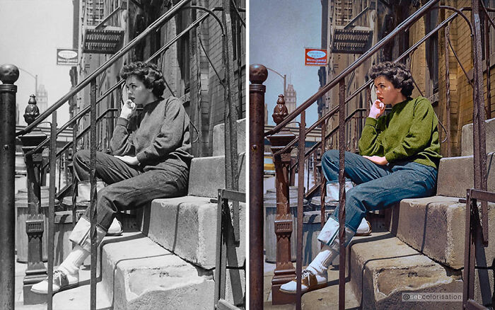 Colorized vintage photo by Sebastien De Oliveira, showing a woman sitting on steps, transformed from black and white.