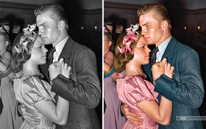 Couple dancing in a colorized vintage photo by Sebastien De Oliveira, transforming historical view.