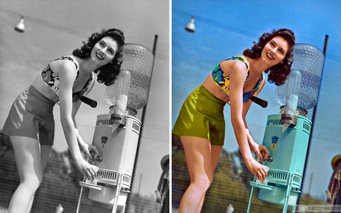 Colorized vintage photo by Sebastien De Oliveira showing a woman at a water dispenser, originally black and white.