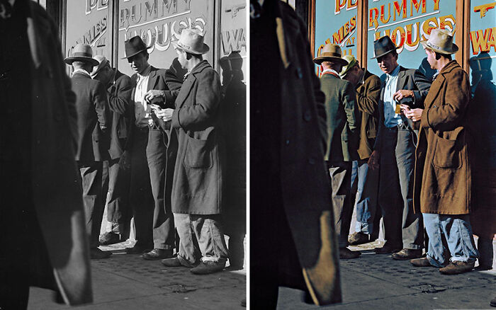 Colorized vintage photo by Sebastien De Oliveira showing men gathered outside a building with signage, originally in black and white.