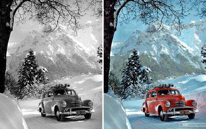 Colorized vintage photo by Sebastien De Oliveira showing a car in snowy mountains, transforming historical views.