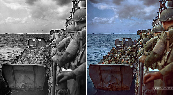 Colorized vintage photo by Sebastien De Oliveira showing soldiers on a landing craft during a historical military operation.