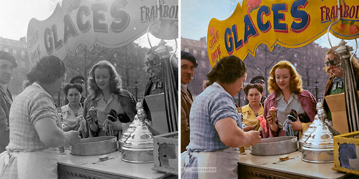 Colorized vintage photo of people buying ice cream from a vendor, transforming historical views with vibrant details.