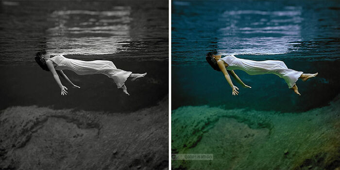 Colorized vintage photo by Sebastien De Oliveira of a woman floating underwater, showcasing transformation in historical images.