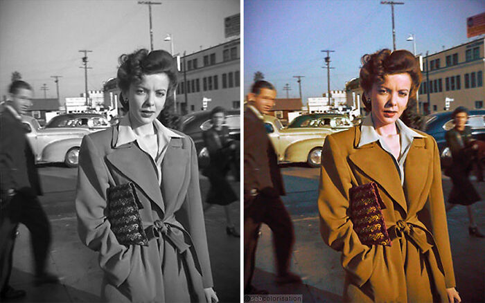 Colorized vintage photo of a woman in a trench coat on a busy street, showcasing transformed historical imagery.