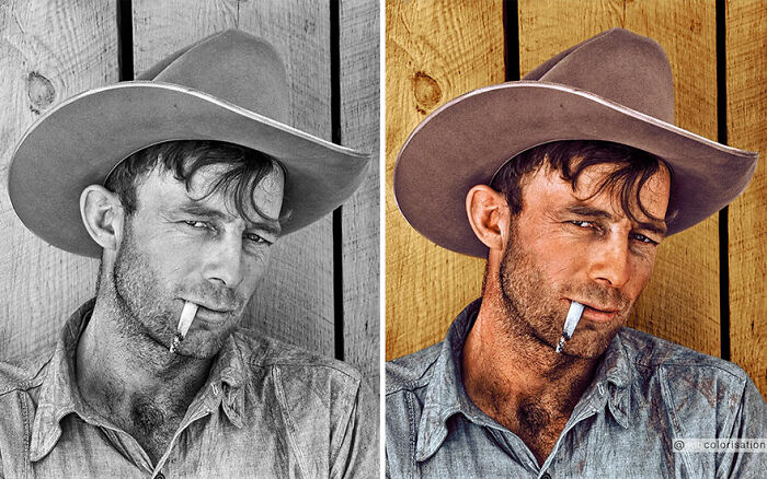 Colorized vintage photo of a cowboy with a hat and cigarette, transformed by Sebastien De Oliveira.