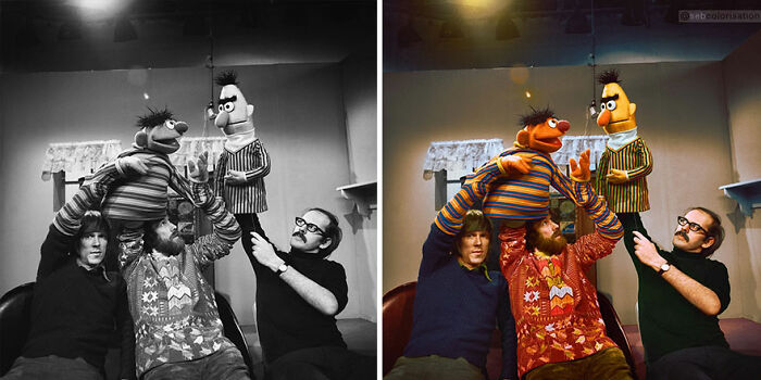 Colorized vintage photo by Sebastien De Oliveira featuring three people and two puppets, illustrating historical transformation.