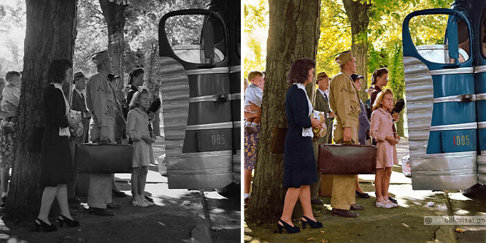 Colorized vintage photo by Sebastien De Oliveira showing people boarding a bus.