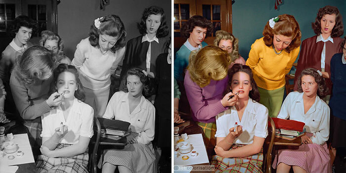 Women applying makeup in a vintage photo, colorized by Sebastien De Oliveira, highlighting historical transformation.