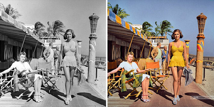 Colorized vintage photo by Sebastien De Oliveira showing people in swimsuits outside a beachside building.