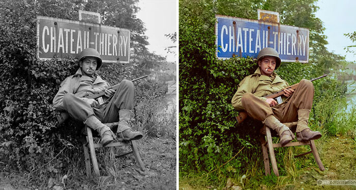 "Colorized vintage photo of a soldier sitting by a 'Chateau-Thierry' sign, enhancing historical perspectives."